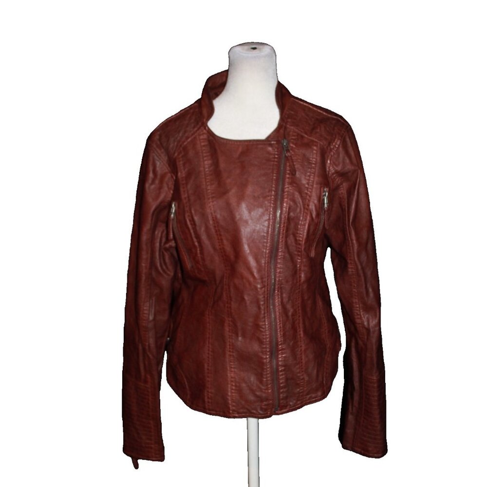 Maurice's Burgundy Moto Jacket Size L Large Faux Leather Stretch Biker